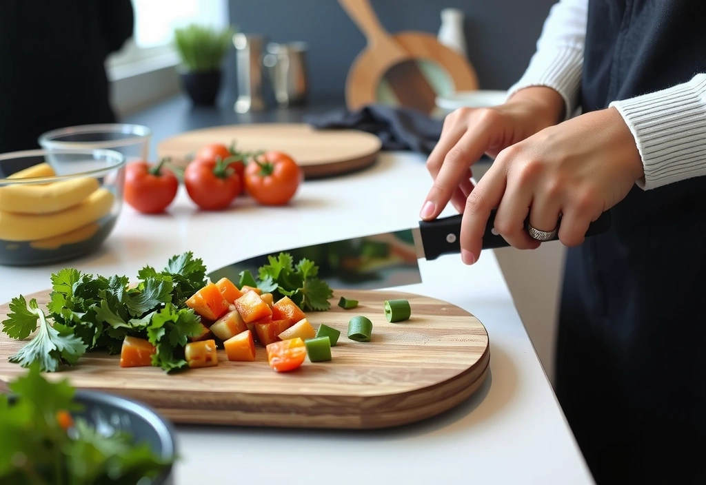 Manos preparando una comida saludable en una cocina moderna, mostrando ingredientes frescos.