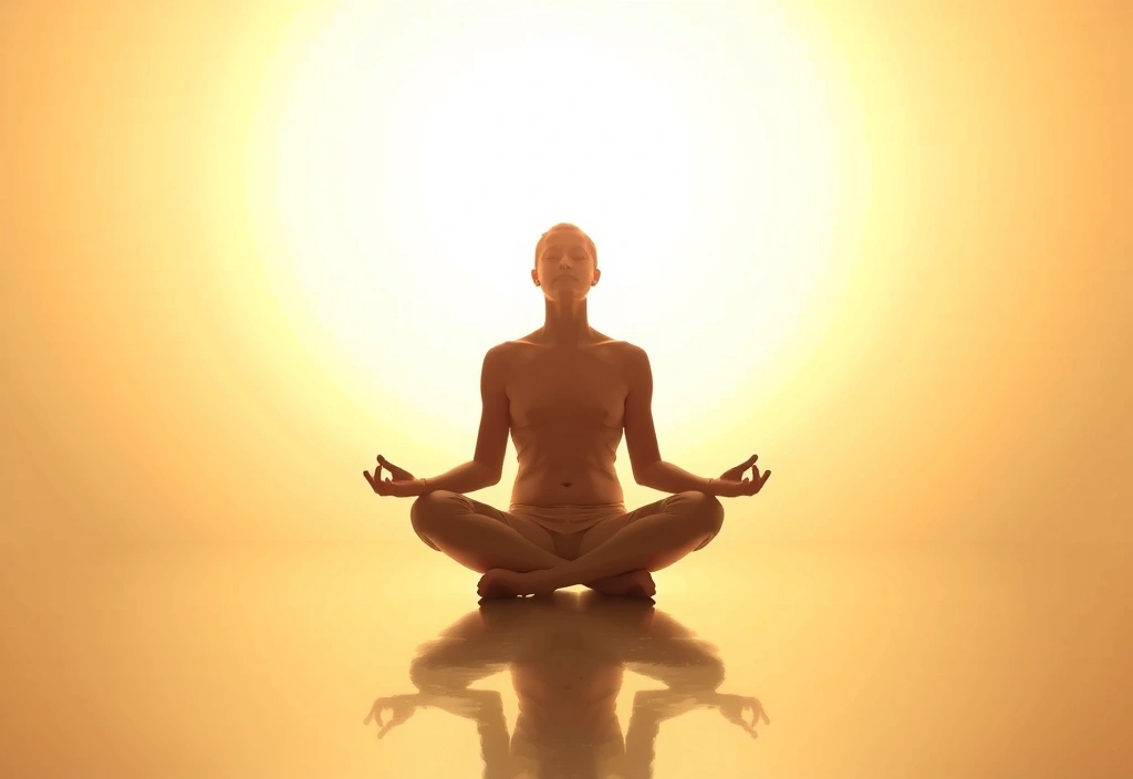 Persona meditando en una postura de loto con un aura de tranquilidad, rodeada de luz suave.