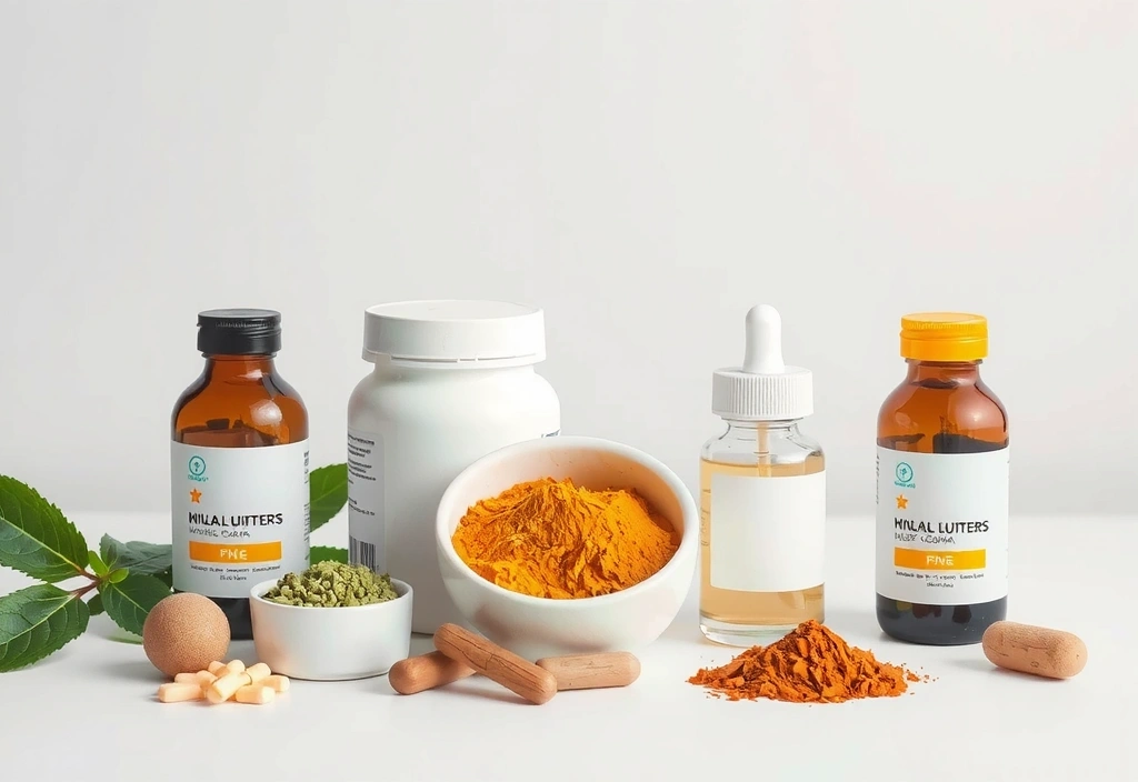 Composición limpia y minimalista de varias botellas de suplementos y ingredientes naturales como hierbas y polvos