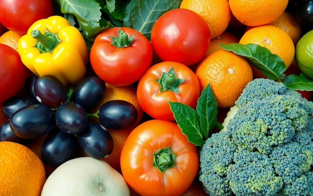 Una vibrante y diversa colección de frutas y verduras frescas, brillantemente iluminadas, simbolizando fuentes naturales de vitaminas.